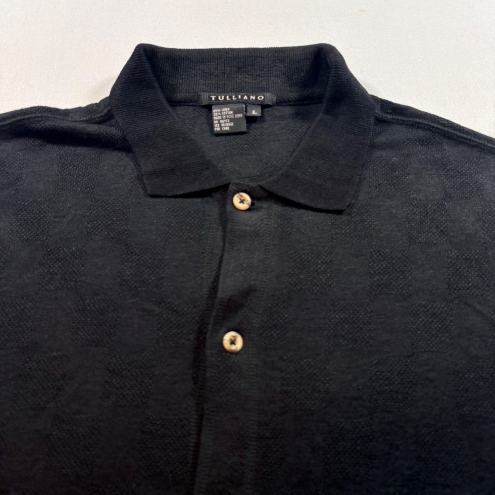 Tulliano Button Down‎ Shirt Mens Large Black Linen Cotton Textured Short Sleeve
